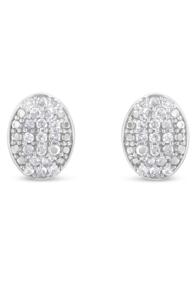 Sterling Silver Round Diamond Oval Cluster Earrings